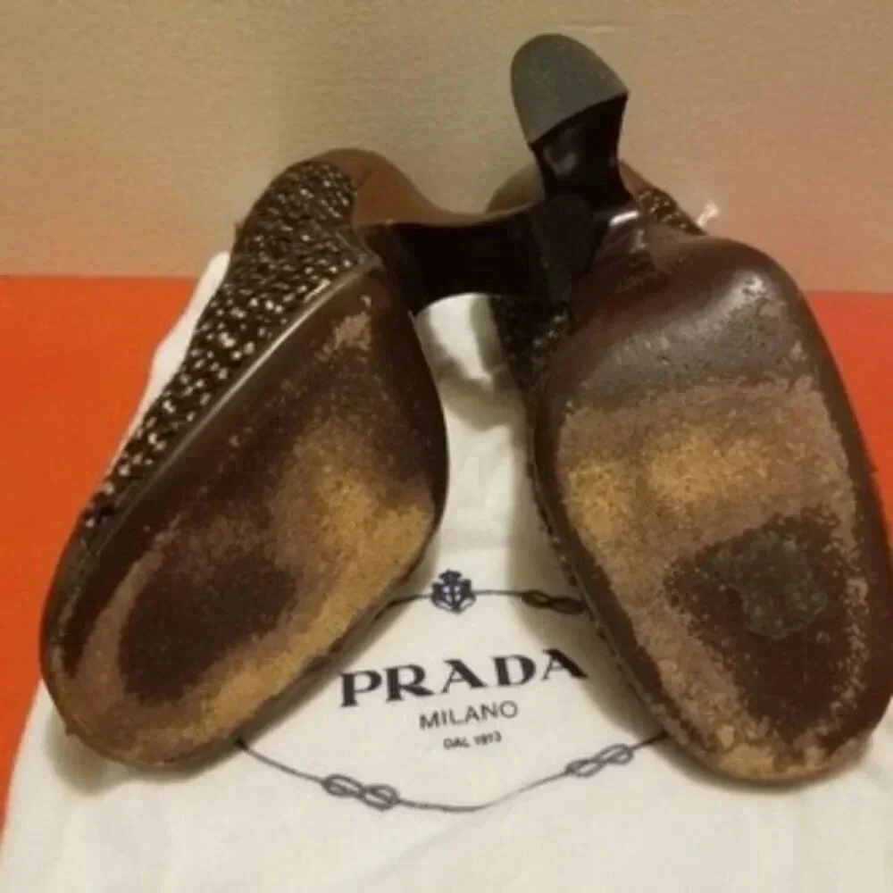 Prada Tweed Vintage 90s Heels Brown Tan Pumps Shoes 39 8.5